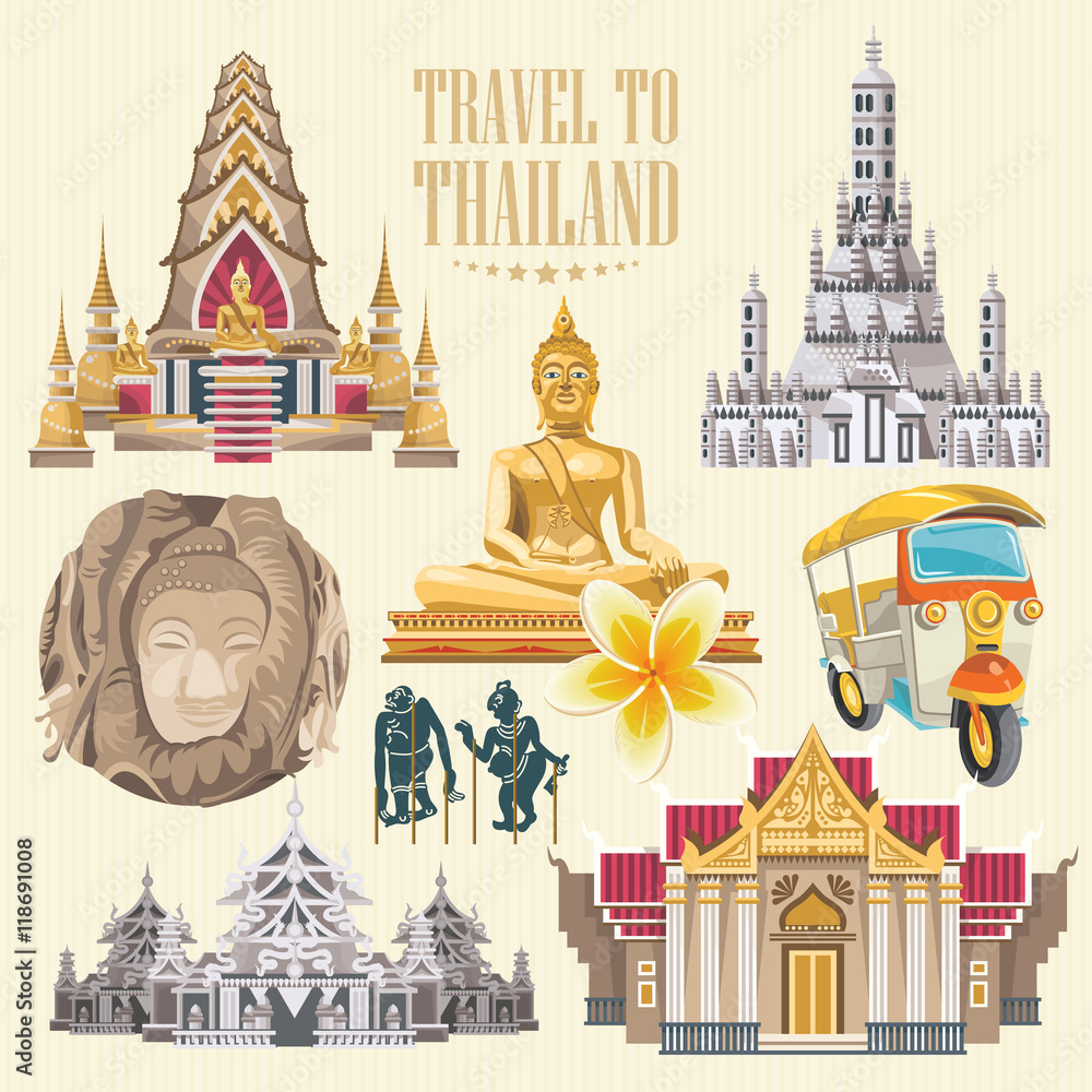 Fototapeta premium Travel Thailand landmarks. Thai vector icons. Vacations poster with thai ethnic elements