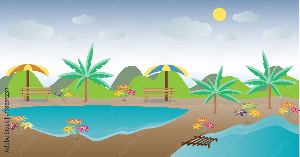 Lake landscape, Palm Tree  chair with mountain
