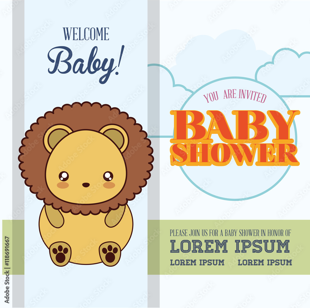lion cute animal cartoon baby shower card icon. Colorful and flat design. Vector illustration - obrazy, fototapety, plakaty 