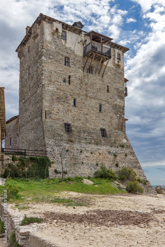 Medieval tower in  Ouranopoli, Athos, Chalkidiki, Central Macedonia, Greece 