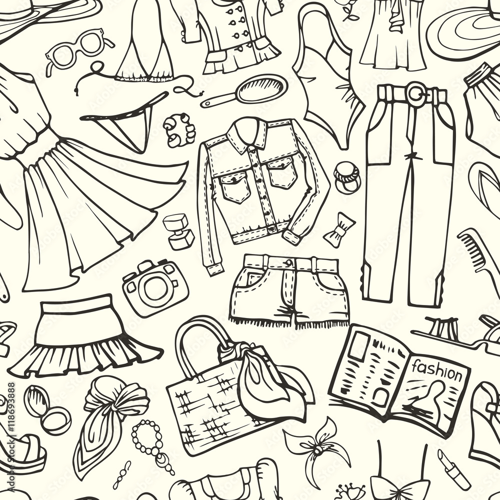 Obraz premium Summer fashion seamless pattern.Woman outline wear