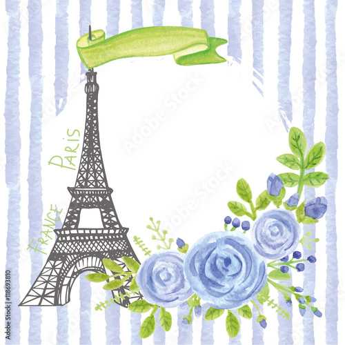 Photography Paris vintage card.Eiffel tower,Watercolor blue  rose,strips