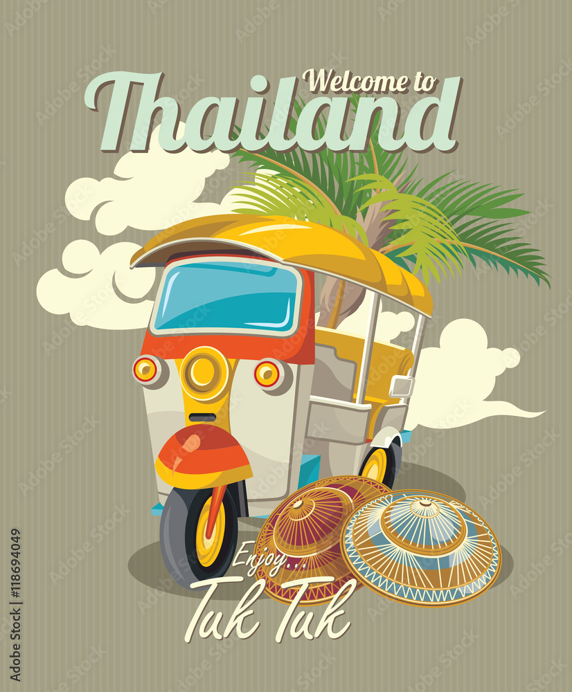 Obraz premium Thai traditional Tuk Tuk in Bangkok of Thailand. Three wheels car. Vector illustration