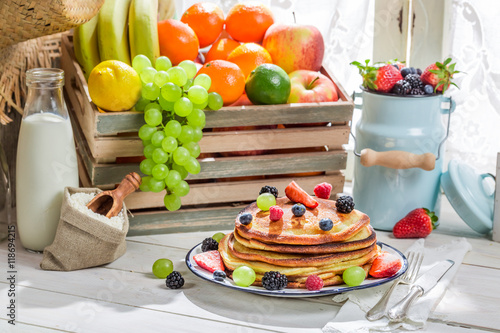 Sweet pancakes with fresh fruits