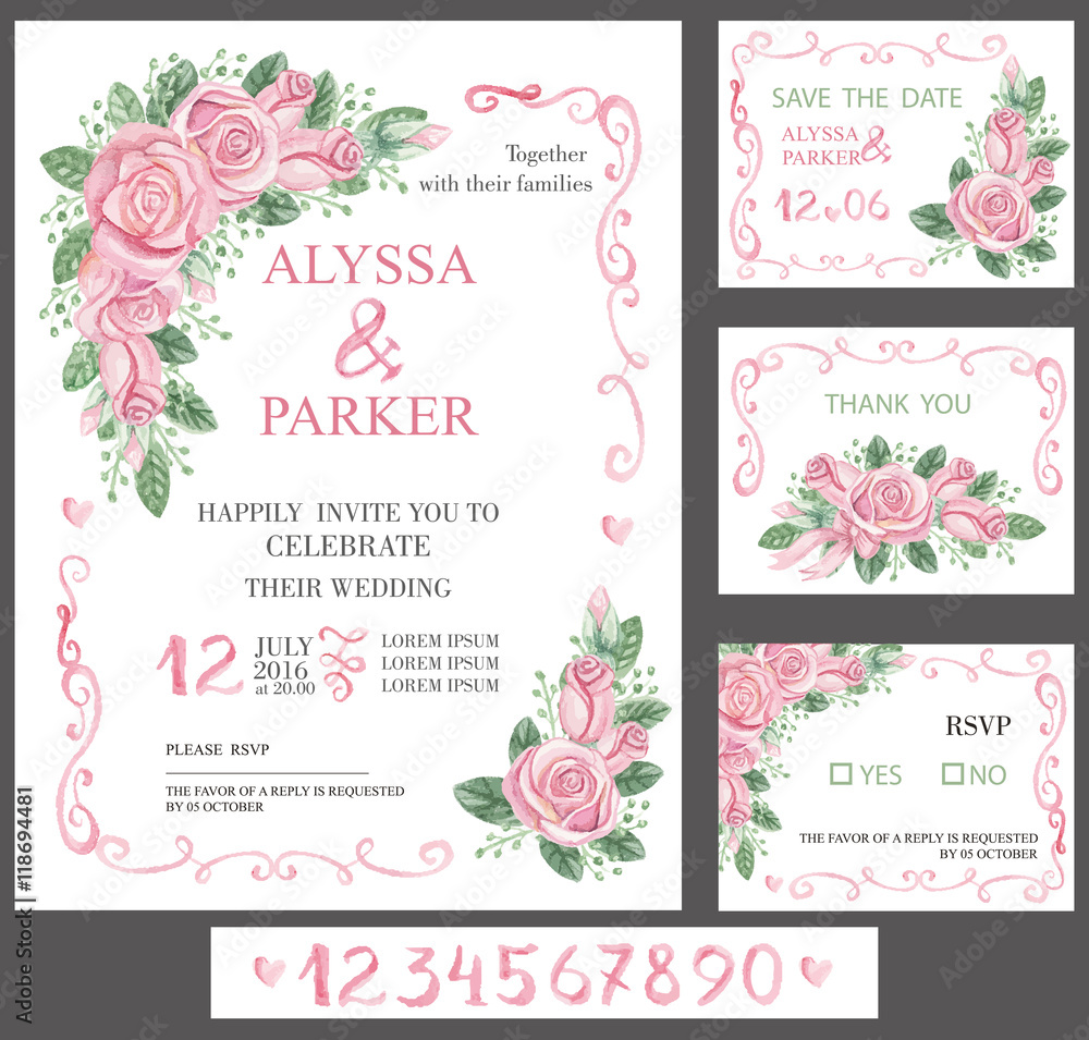 Wedding invitation card set.Watercolor pink roses,numbers