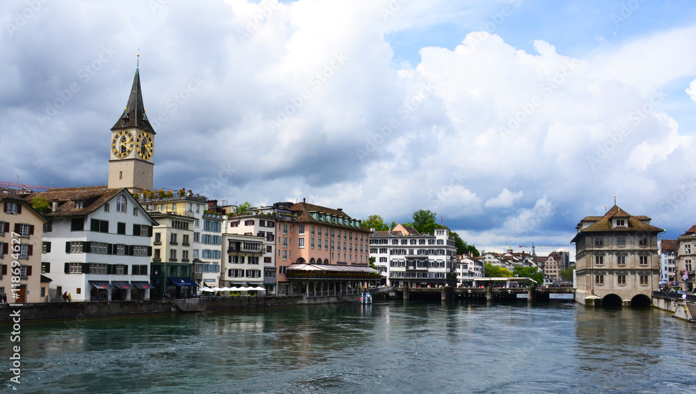 View of Zurich with Limmat river, Switzerland.