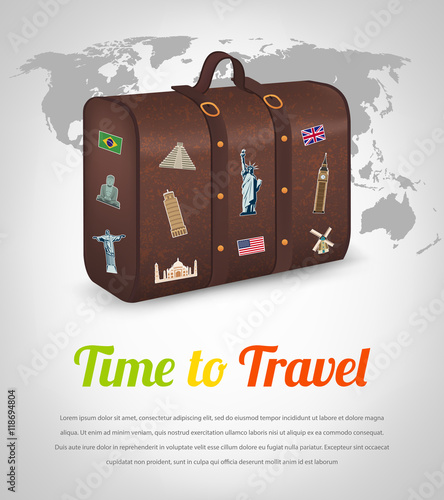 Vintage suitcase with collection of travel labels. Travel and Tourism. Travel background. Vector