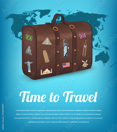 Vintage suitcase with collection of travel labels. Travel and Tourism. Travel background. Vector
