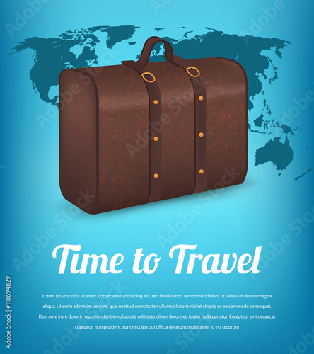 Suitcase for traveling on the background of the world map. Travel and Tourism. Vector