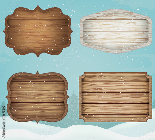4 realistic wooden signs set. Decoration elements for christmas. Vintage style. Vector