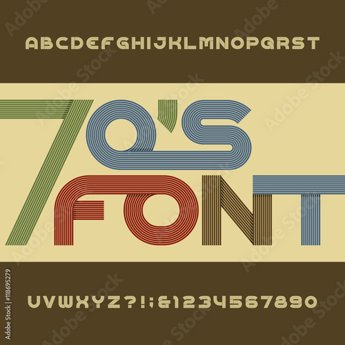 Retro stripe alphabet vector font. Funky type letters, numbers and symbols. Typography for headlines, posters etc. in 70's style.