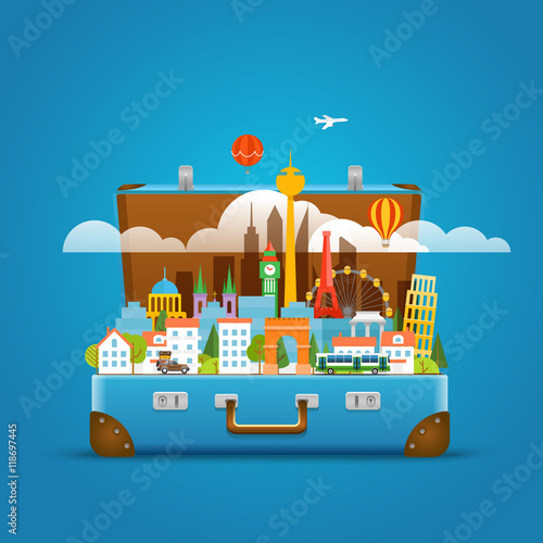Dirrefent world famous sights. Around the world concept. Modern