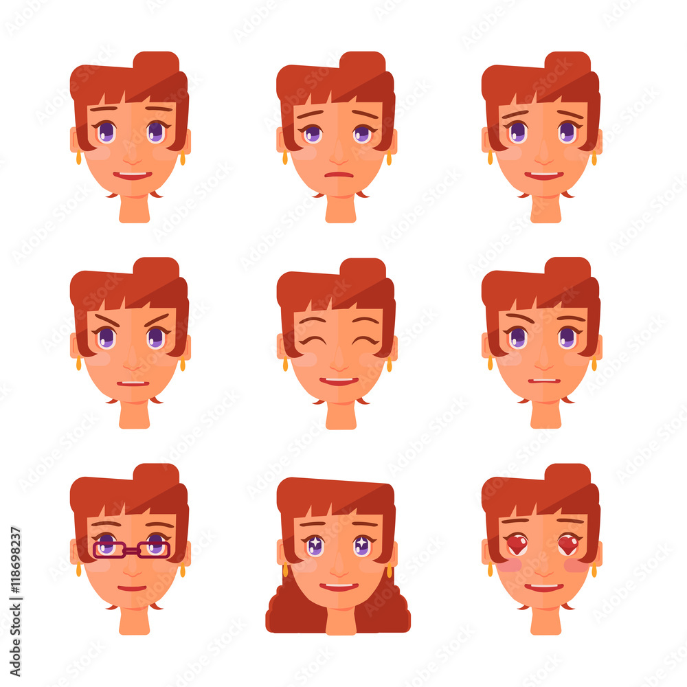 isolated girl facial expression: joy, amorous, anger isolated girl facial expression: joy, amorous, anger
