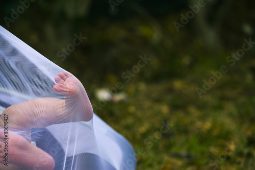 Newborn feet pushing a mosquito net