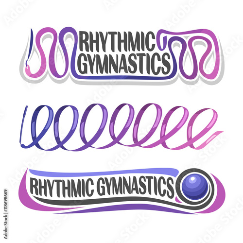 Vector abstract logo for rhythmic gymnastics consisting of purple ribbon with handle and gymnastic blue ball. Decorative sports equipment.