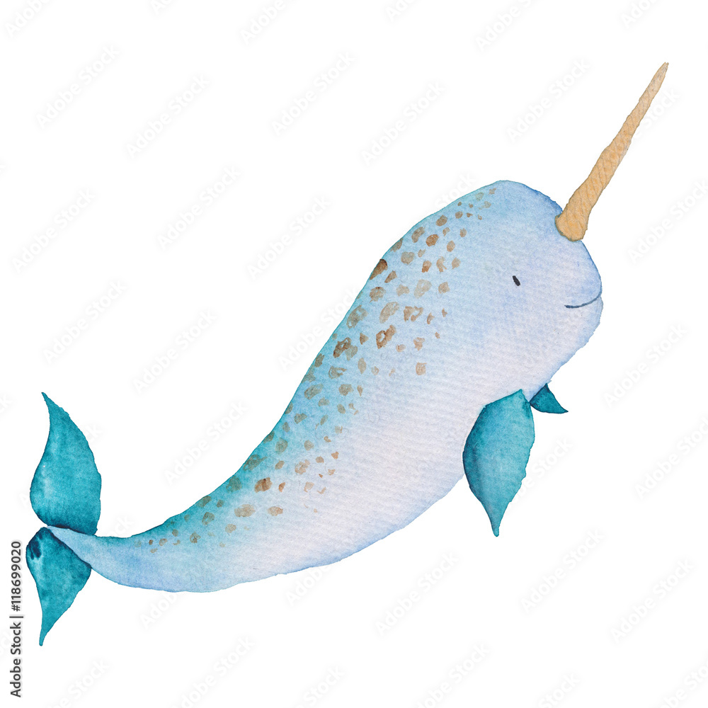 Naklejka premium Whale Narwhal Akwarela ręcznie malowane Ilustracja Zwierzęta morskie Wieloryby błękitne Izolowane Słodkie dzieci
