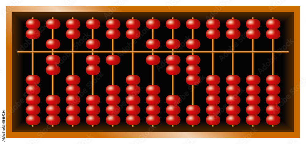 Suanpan Chinese abacus, also Suan Pan and souanpan. Counting frame and calculating tool with red beads sliding on wires in a wooden box. It is still used today, despite pocket electronic calculators.