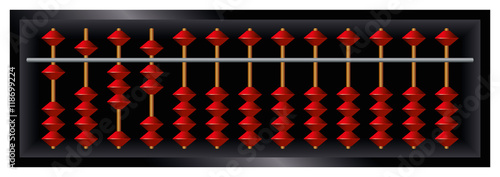 Soroban Japanese abacus. Counting frame and calculating tool with red beads sliding on wires. Derived from ancient Chinese suanpan. It is still used today, despite pocket electronic calculators.