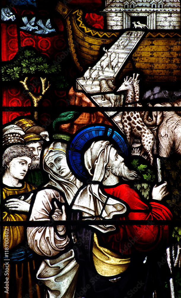 Noah, the Ark and animals (stained glass)