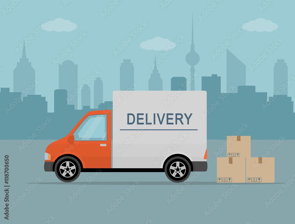 Delivery van with shadow and cardboard boxes on city background. Product goods shipping transport. Fast service truck 
