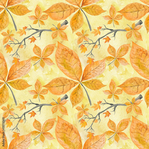 Autumn Leaves Seamless Pattern Watercolor background watercolor Hand-painted illustration isolated Fall graphics Orange Leaf 