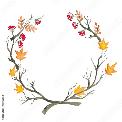 Autumn Wreath fall Leaves watercolor Hand-painted illustration isolated Fall graphics Orange Leaf 