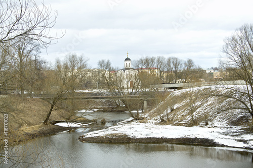 Принти на полотні Small river Tmaka and church