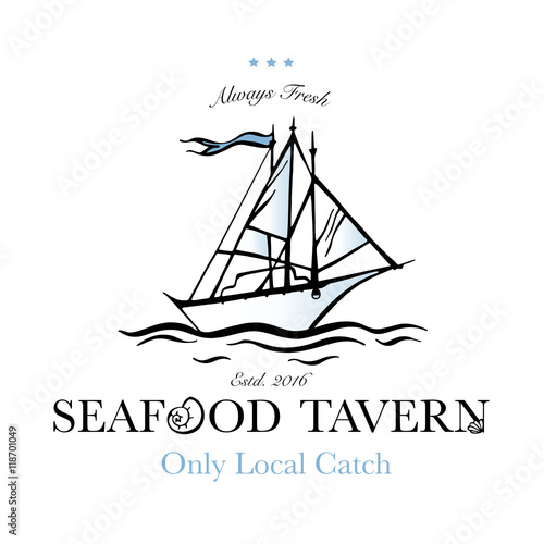 Seafood restaurant and seafood menu identity - Logo with fishing boat. Vector Illustration © iryna_khomenko