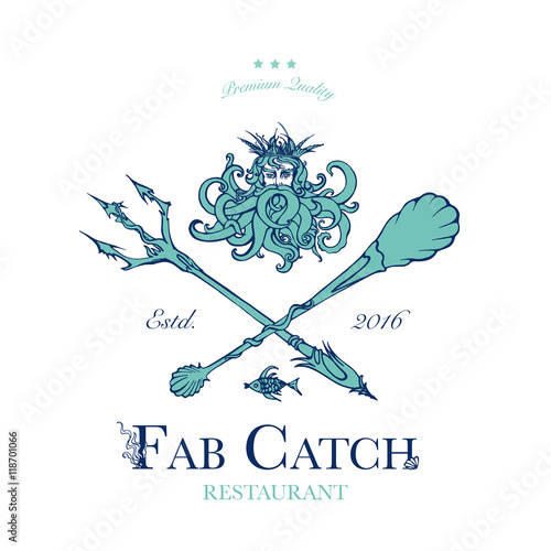 Seafood restaurant and seafood menu identity - Logo with God of Sea Poseidon and sea-style cutlery. Vector Illustration
