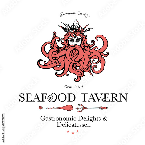 Seafood restaurant and seafood menu identity - Logo with God of Sea Poseidon. Vector Illustration
