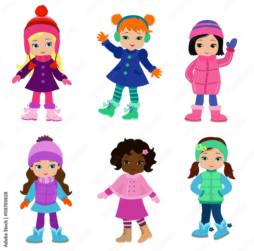 Set of characters funny girls in winter isolated on white background . Winter clothes. Set of characters funny girls in winter isolated on white background . Winter clothes.