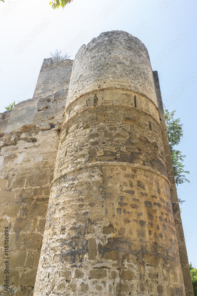 wall and tower of medieval castle in Marbella Andalucia Spain