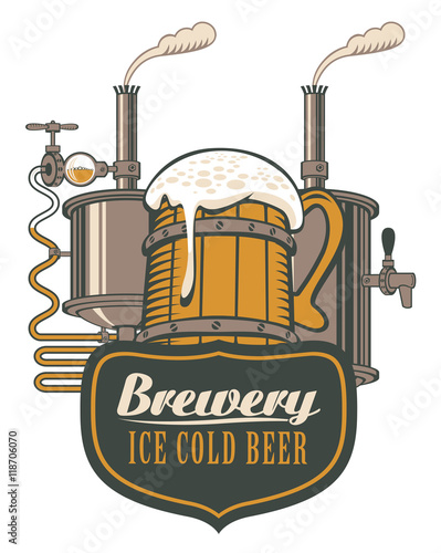 banner for the brewery with a wooden circle of beer and brewing machine