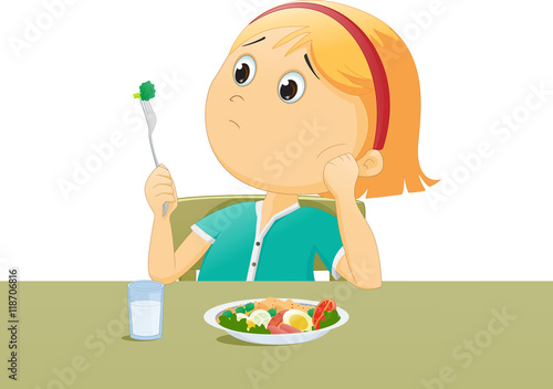illustration of kid sad with his breakfast