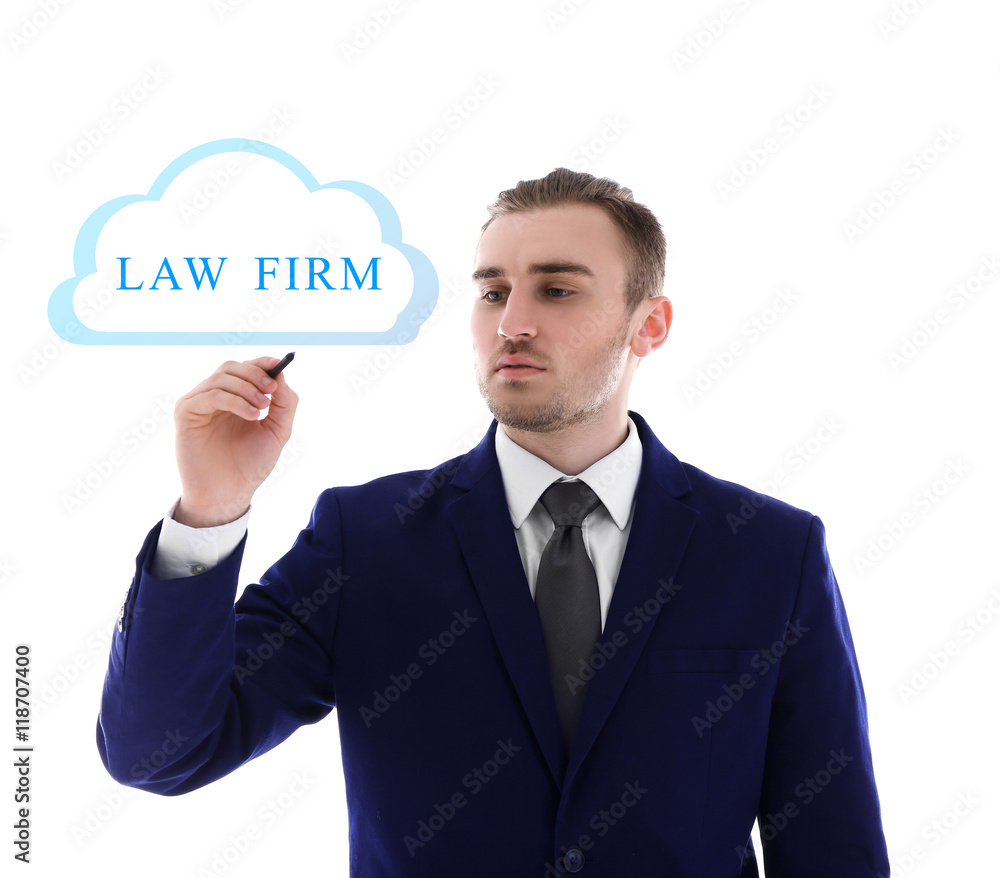 Handsome man writing LAW FIRM with marker, isolated on white. Handsome man writing LAW FIRM with marker, isolated on white.