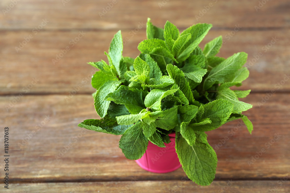 Bunch of green mint on wooden background Bunch of green mint on wooden background