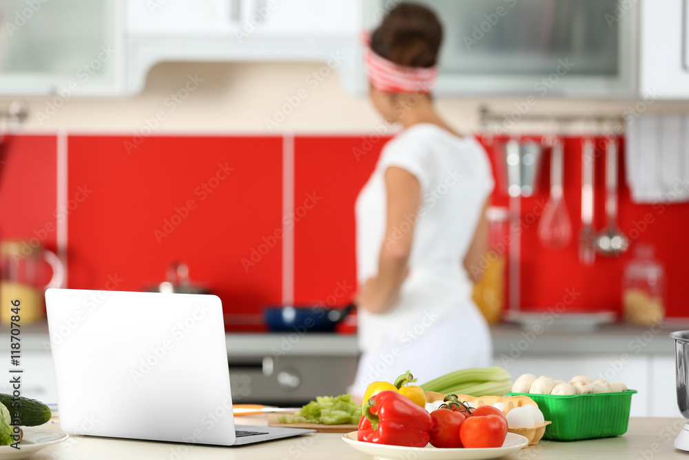 Girl cooking on kitchen. Food blogger concept Girl cooking on kitchen. Food blogger concept