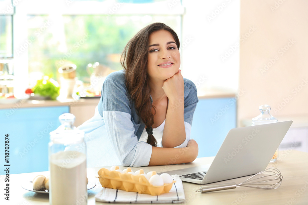 Beautiful girl on kitchen. Food blogger concept Beautiful girl on kitchen. Food blogger concept