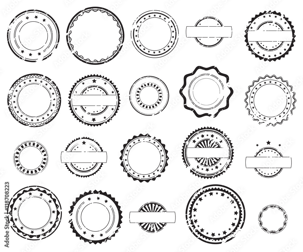 Grunge rubber stamps and stickers icons, set, graphic design elements, black isolated on white background, vector illustration. - obrazy, fototapety, plakaty 