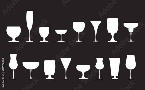Collection of various drink glasses, icons set, white isolated on black background, vector illustration.