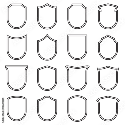 Shield icons set, outlined, black isolated on white background, vector illustration.