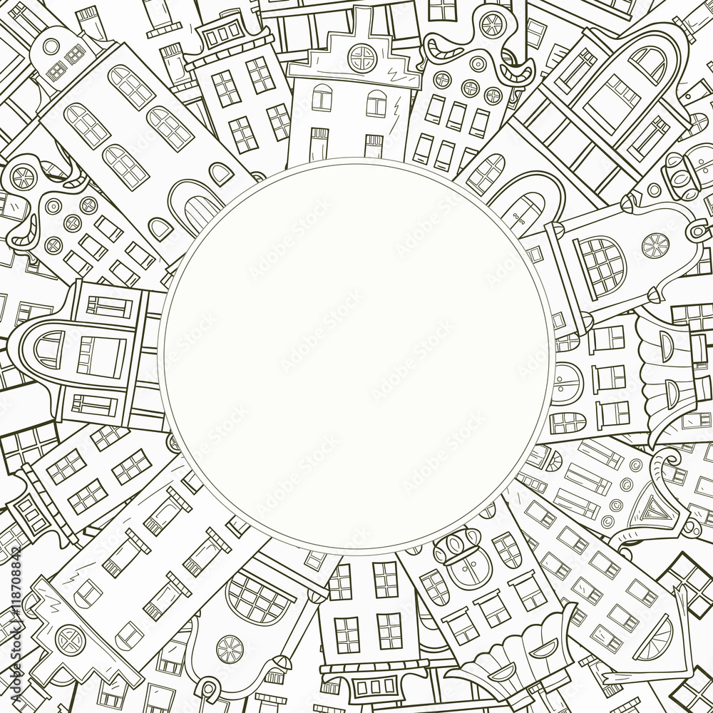Obraz premium Decorative frame of hand-drawn houses. Cartoon style.