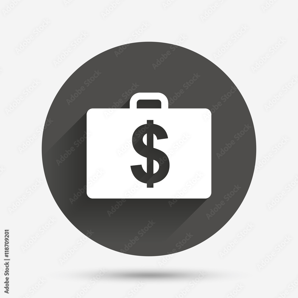 Case with Dollars USD sign. Briefcase button. Case with Dollars USD sign. Briefcase button.