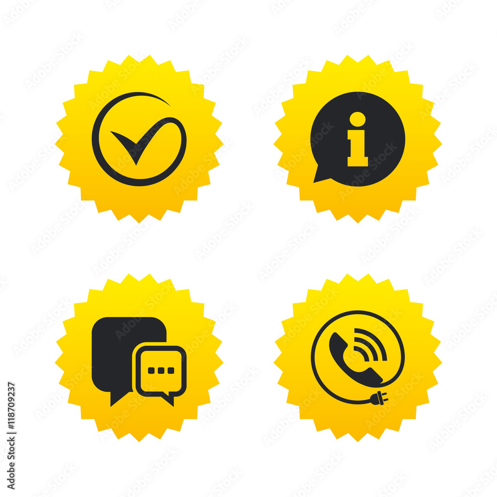 Check or Tick. Phone call and Information sign. Check or Tick. Phone call and Information sign.