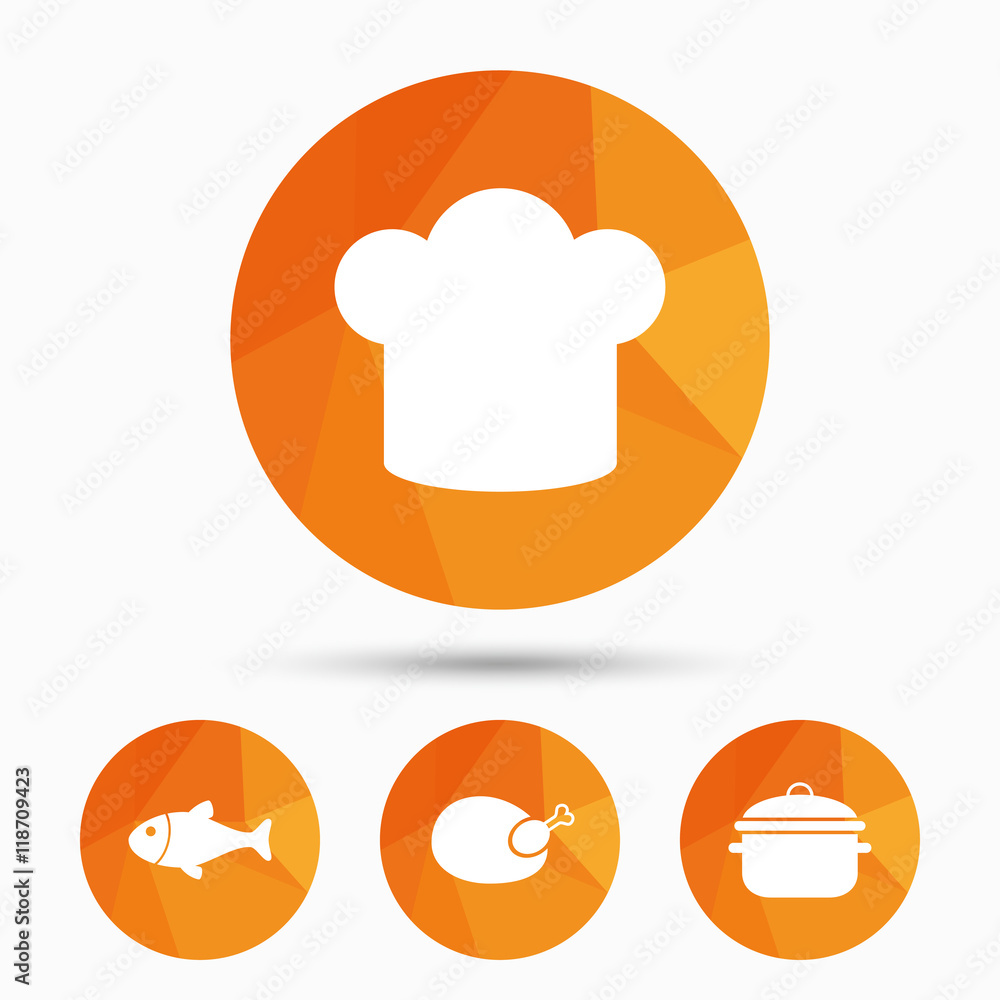 Chief hat, cooking pan icons. Fish and chicken. Chief hat, cooking pan icons. Fish and chicken.