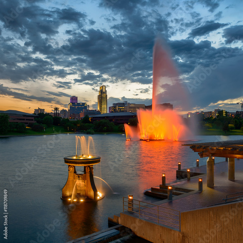 Colorful water fountains in front of downtown at Heartland of America Park in Omaha, Nebraska photo