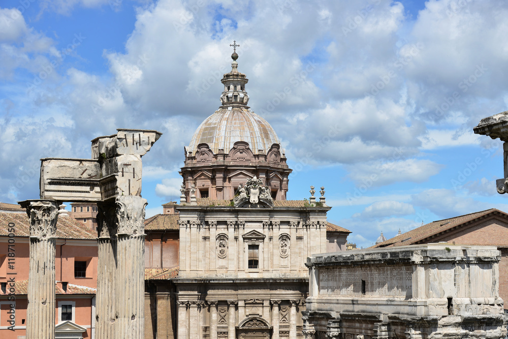 Ss Luca and Martina dome among Roman Forum ancient ruins and temples with beautiful sky