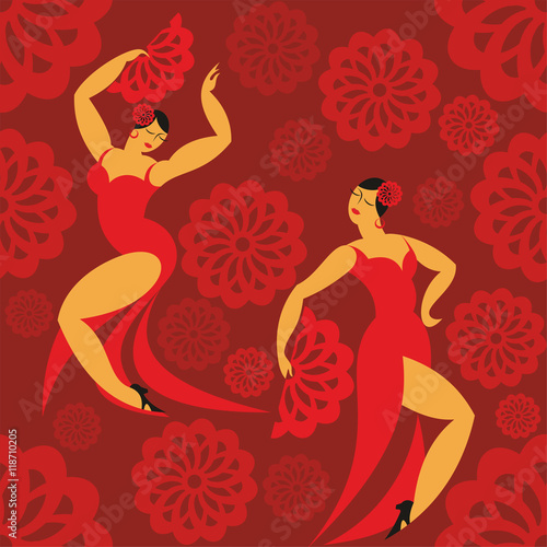 seamless pattern with the image of the dancers of a flamenco in a red dress