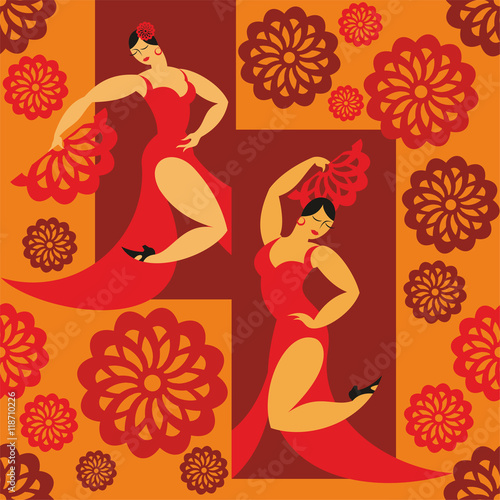 seamless pattern with the image of the dancers of a flamenco in a red dress