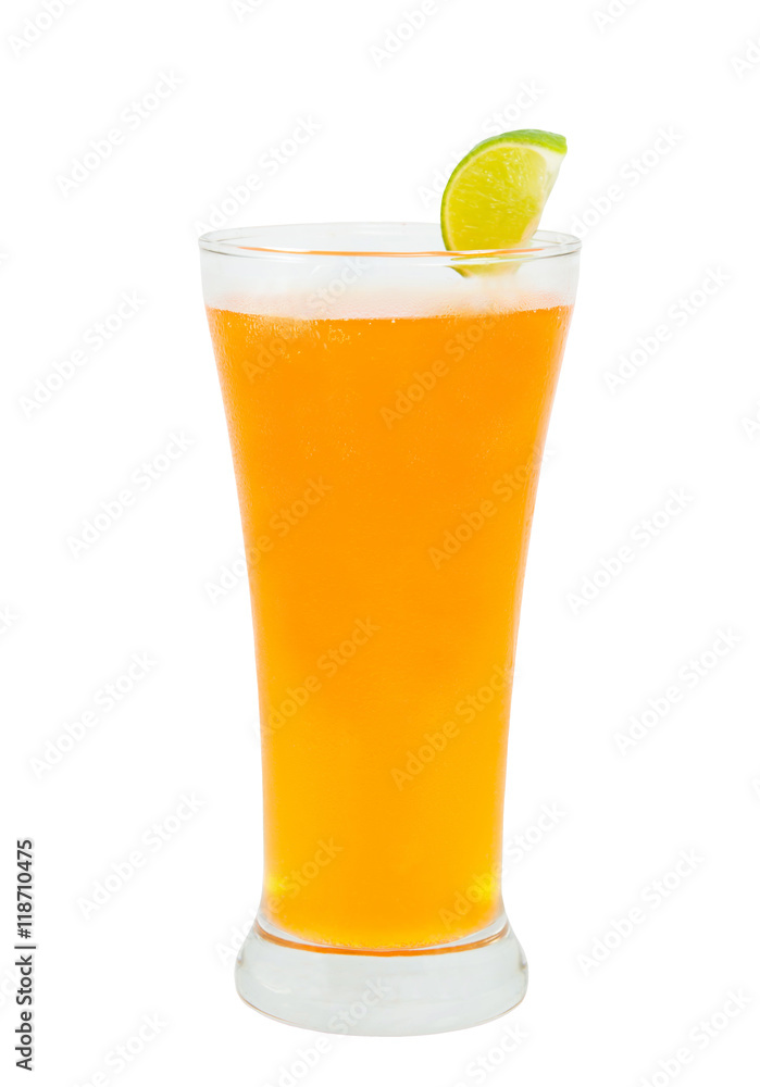 orange juice and lemon in a glass on white background orange juice and lemon in a glass on white background